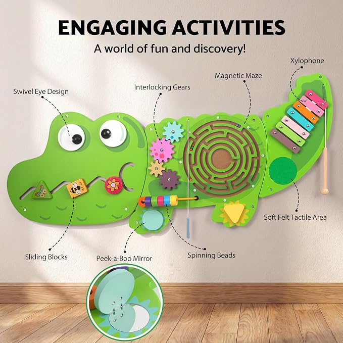 WOODENFUN Wooden Activity Wall Busy Board for Toddlers, 8 in 1 Crocodile Montessori Sensory Wall Panel with Bead Maze, Baby Activity Center Learning Toys for Boys Girls