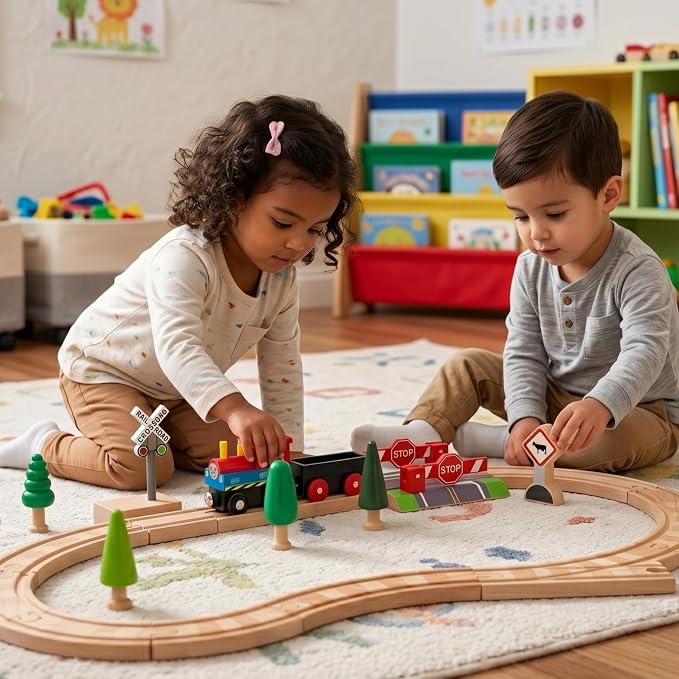Sound Making Wooden Railroad Crossing Signal | Train Crossing Track Compatible with All Major Wooden Railway Train Track Sets | Battery-Powered Train Track Accessories Wood Layout