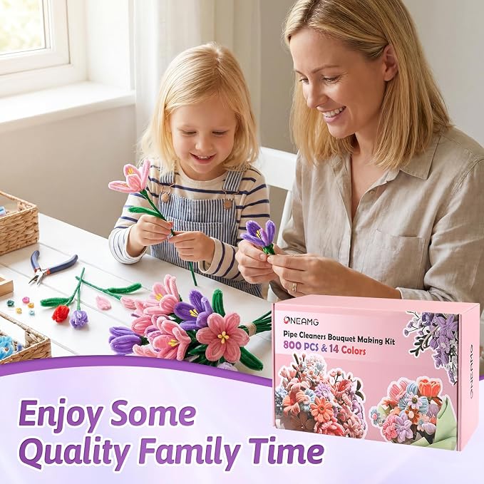 OneAmg 800PCS Pipe Cleaners Craft Kit with 14 Colors，DIY Flowers Making Set | Chenille Stems for DIY Flower Making Kit with Instructions,Floral Wires,Stamen& Ribbon,Art and Craft Supplies