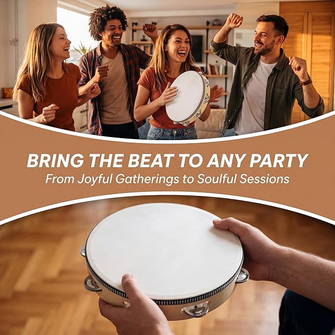 Tambourine for adults 10 inch Hand Held Drum Bell Birch Metal Jingles Percussion Gift Musical Educational Instrument for Church KTV Party (10 inch)