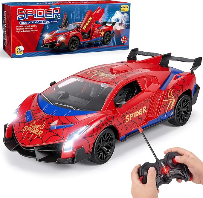 CHMYWJ Spider Remote Control Car with Lights, Spray, Openable Scissor Doors Gifts for 3 4 5 6 7 8 9 10 Year Old Boys Age 3-4 4-6 6-8 8-12 Christmas Birthday Gift, Toddler Kids Toy