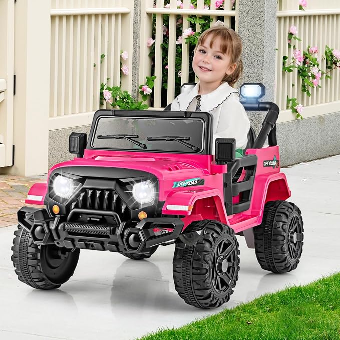 Costzon 12V Kids Ride on Truck Car, Electric Vehicle w/Remote Control, Threaded Wheels, 3 Speeds, LED Lights, Music, Horn & Wireless Connection, Ride on Toy for Boys & Girls 3+ (Hot Pink)