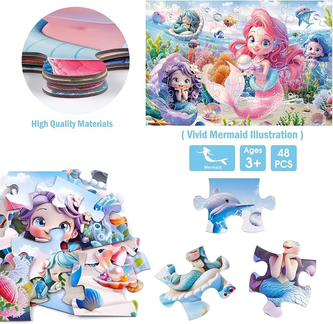 IFLOVE Mermaid Floor Puzzle for Kids — 48 Piece Jumbo Underwater Mermaid Jigsaw Puzzle, Ocean Fantasy Puzzle with Sea Creatures, Educational Toy Birthday for Girls Boys Ages 3-8