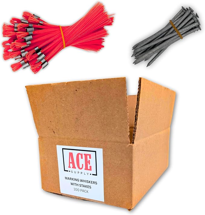 Red Marking Whiskers with Stakes - 100 Pack - Durable Marking Whisker Set - Use Survey Whiskers As Ground Markers, Construction Markers, Or Trail Markers