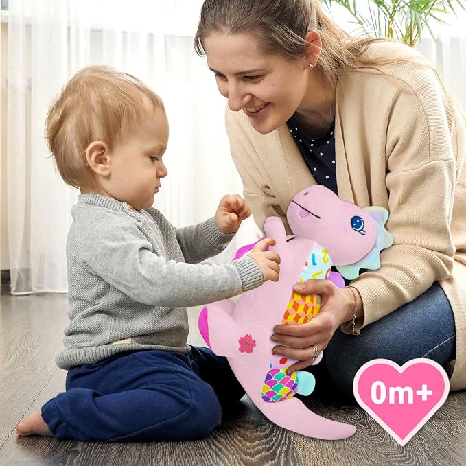 Baby Dino Musical Stuffed Animal Toys for 0-3-6-9-12 Months，Infant Dinosaur Tummy Time Toys with Crinkle Sound Paper,Teether，Textures & Rattles for Newborn Boys Girls Birthday Gifts，Pink