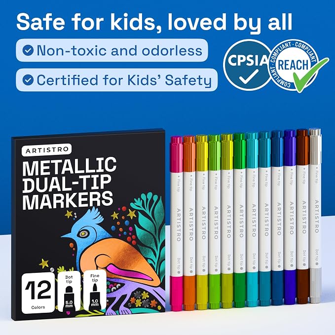 ARTISTRO 12 Metallic Dual-Tip Acrylic Paint Markers – Paint Pens Set with Dot & Fine Tips for Fabric, Rock, Glass, Wood, Coloring Books – Arts & Crafts Gift – Classroom Must Haves & School Supplies