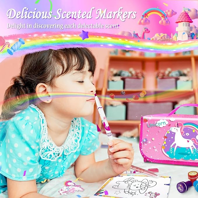 weirtoya 56 PCS Washable Scented Markers with Glitter Pencil Case, Mermaid Unicorn Arts and Crafts for kids 4-6-8 Kids Coloring Drawing Kits for 4-8 Years Old Girls (Pink, 56)