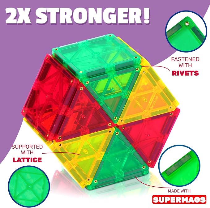 Playmags Magnetic Tile Set, 32-Piece Magnets Building Blocks for Kids, Bonus Clickins ABC Tiles -– STEM Learning Toys for Kids – Strong, Durable, Educational Magnet Blocks for Creative Plays
