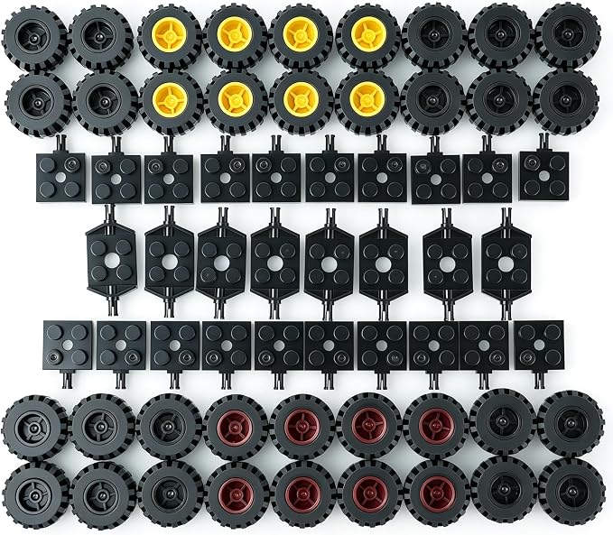 Pamvava Car Wheels and Axles Sets,100 Pieces Car Parts Building Kit with Tires, Vehicle Truck Wheel Compatible with Classic Bricks Toys (Black/Red/Yellow)