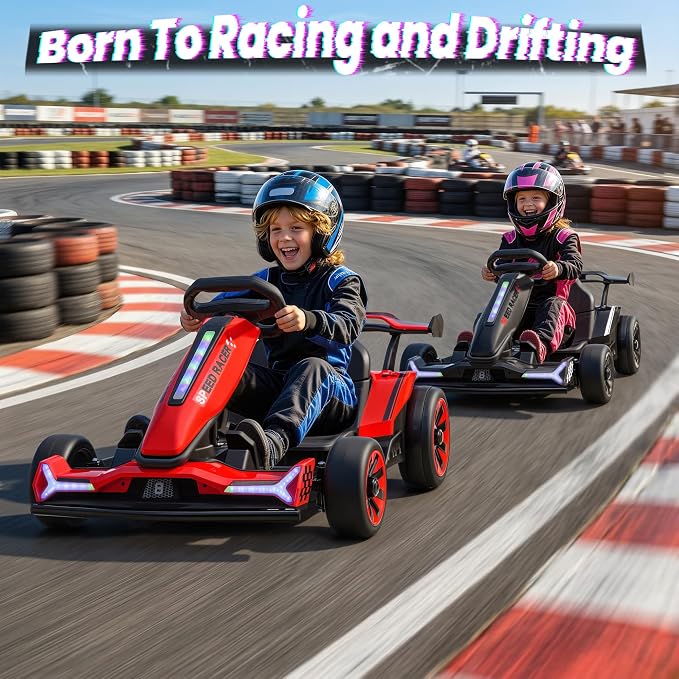 24V Electric Go Kart, Kids Drift Kart with Dual 400W Motors, Length Adjustable Seat, 8.2 MPH Max, 130LBS Max Load, Outdoor Ride on Toy Crazy Kart w/Bluetooth Music, Rainbow Light