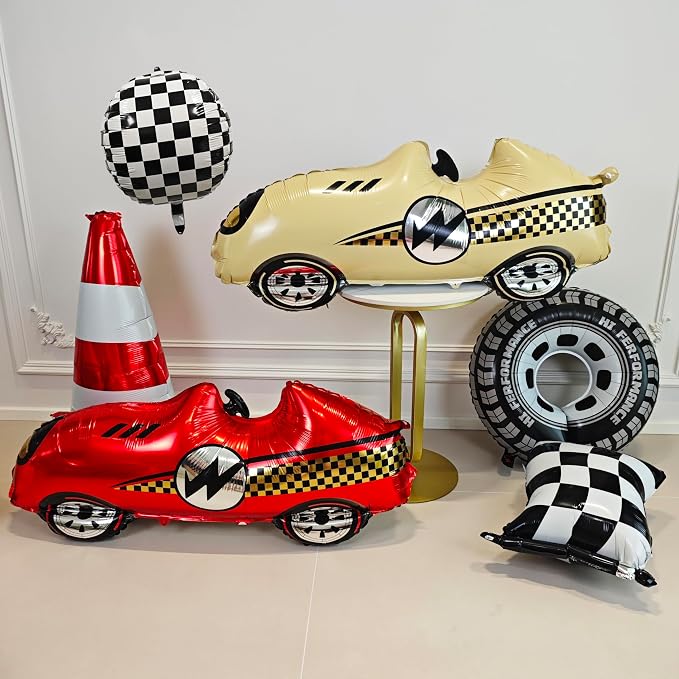6PCS 22 Inch 4D Black and White Checkered Round Foil Balloons for Race Car Birthday Party Flag Decorations Supplies