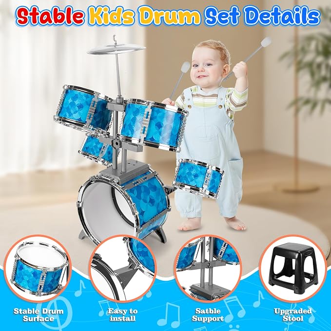 Kids Drum Set 5 Piece Drums Set for Toddlers 3-5, Toddler Drum Set 5-7 Musical Instrument Toys Percussion Birthday for 3 4 5 6 7 8 Years Old Kid Girls Boys