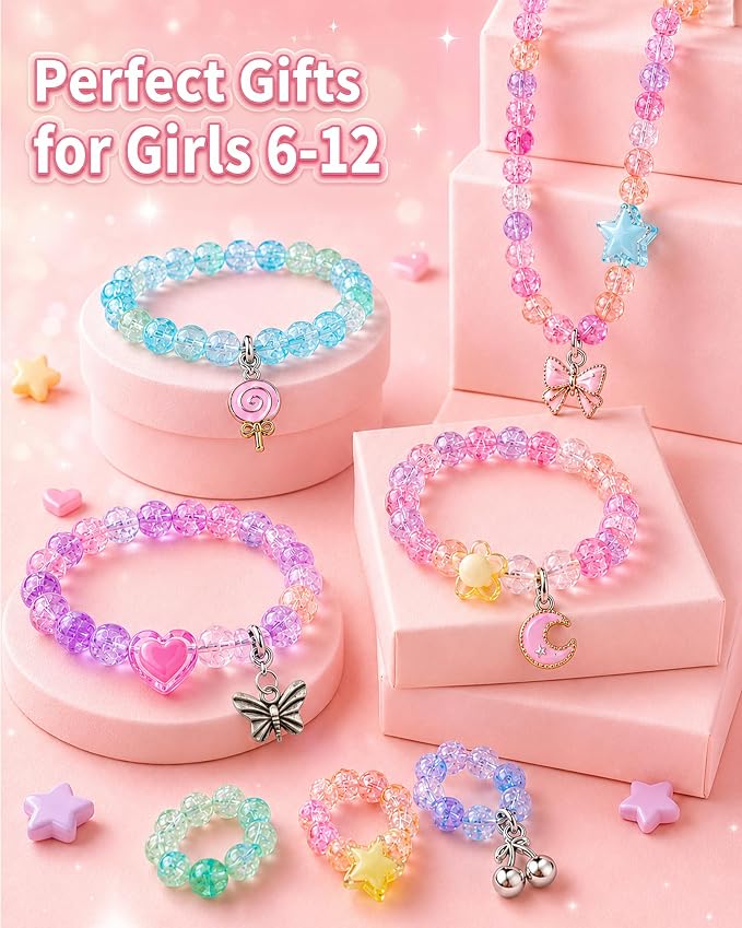 STACTCUTE 820Pcs Beads Bracelet Maker Machine for Girls 6-12, DIY Charm Jewelry Making Kit Makes up to 60 Bracelets, Mess-Free Arts and Crafts Bunny Toy, Friendship Gifts for Kids 6 7 8 (Pink)