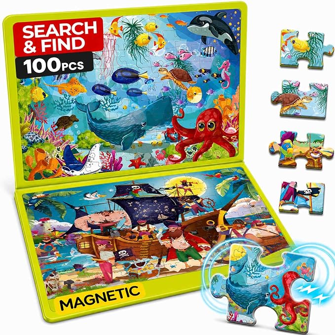 QUOKKA Magnetic Puzzles for Kids Ages 4-6 – 100 PCS Magnetic Puzzle Book for Toddlers 3-5 – 2 Puzzles & 2 Spot The Difference Maps – Search & Find Travel Games – Activity Book Toy Ocean & Pirates