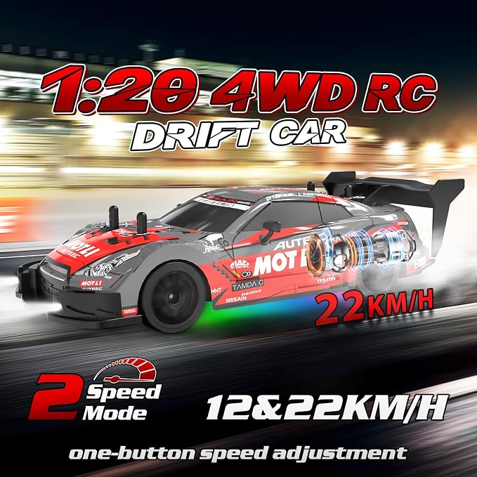 RC Drift Car 1/20 Scale 2.4GHz 4WD Remote Control Car with Led Lights 22KM/H High Speed Rechargeable Batteries Racing Sport Cars RC Cars for Kids Boys Girls Adults Gifts Birthday Christmas