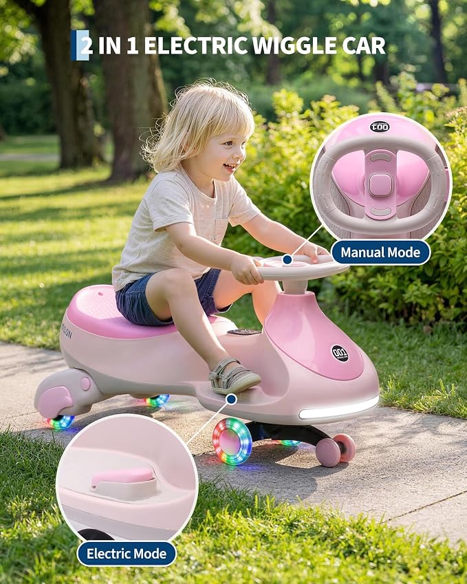 12V Electric Wiggle Car for Kids 2-in-1 Swing Car 360 Steering Pedal Ride | PP Plastic Body,Indoor Outdoor Play,Kids Activity Toy,Preschool Riding Fun,Low Gravity Design,Family Entertainment