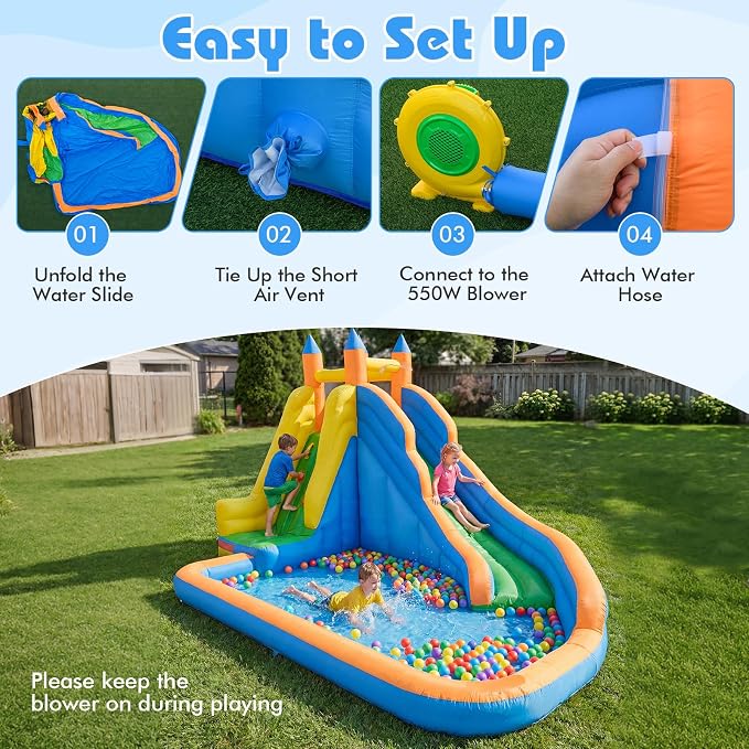 Costzon Inflatable Water Slide, Giant Bouncy Waterslide Park for Kids Backyard Outdoor Fun w/550w Blower, Climbing, Splash Pool, 2-pcs, Blow up Water Slides Inflatables for Kids 3-12 Party Gift