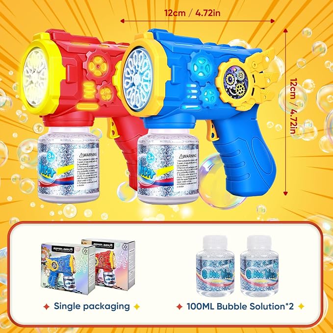 Bubble Gun, Automatic Bubble Machine for Kids with Lights, 2 Pack | 2-pack red and blue bubble guns with lights and leak-resistant bottles for ages 3+, outdoor parties and backyard play.