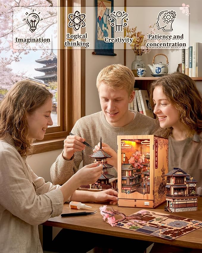 CUTEBEE Book Nook Kit Sakura Wine Alley, 3D Wooden Puzzle Booknook for Adults,LED Bookshelf Decor,DIY Miniature Dollhouse Bookend, Crafts Gifts for Adults, Teens & Book Lovers (Twilight Sakura Path)