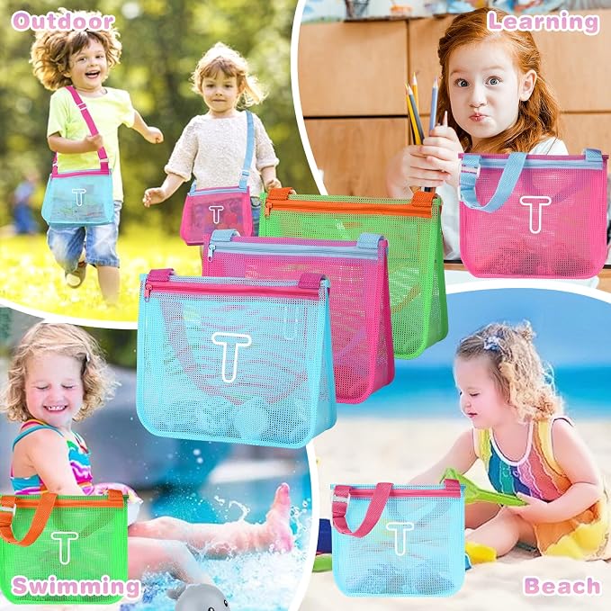 3Pcs Personalized Kids Beach Shell Bag, Initial Seashell Mesh Zipper Beach Pouch, Shell Collecting Bag for Holding Shells with Adjustable Straps, Sand Toys Swim Pouch Gift for Girl Boy Teens(Letter T)