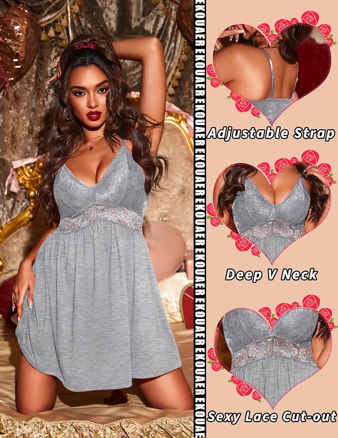 Ekouaer Lingerie for Women Sexy Nightgown Lace Trim Sleep Dress Chemise Nightgowns Sleeveless Night Gown Sleepwear S-3XL