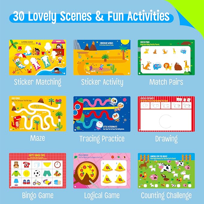 SpriteGru Sticker Activity Pad, 30 Different Scenes & 100+ Reusable Stickers, Dry Erase Brain-Boosting Puzzle Activities Book for Kids, Educational Toy for Road Trip, Airplane & Car Travel