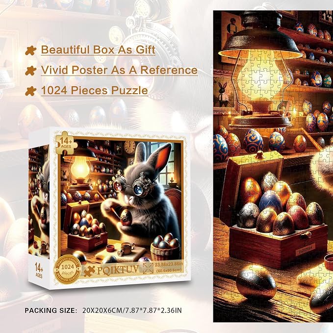 Jigsaw Puzzle for Adults, Steampunk Bunny Painting Easter Eggs | Fantasy Art, Impossible Puzzle for Family, Whimsical Wall Decor Gift for Animal & Craft Lovers, 1024 Piece, 23.86" x 23.86"