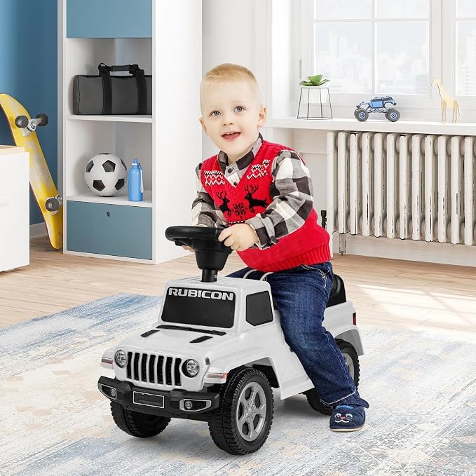 OLAKIDS Ride On Push Car, Licensed Jeep Foot-to-Floor Toddler Sliding Racer with Engine Sound, Horn, Under Seat Storage, Baby Walking Toy Gift for Boys Girls Kids Age 1.5-3 (Ivory)