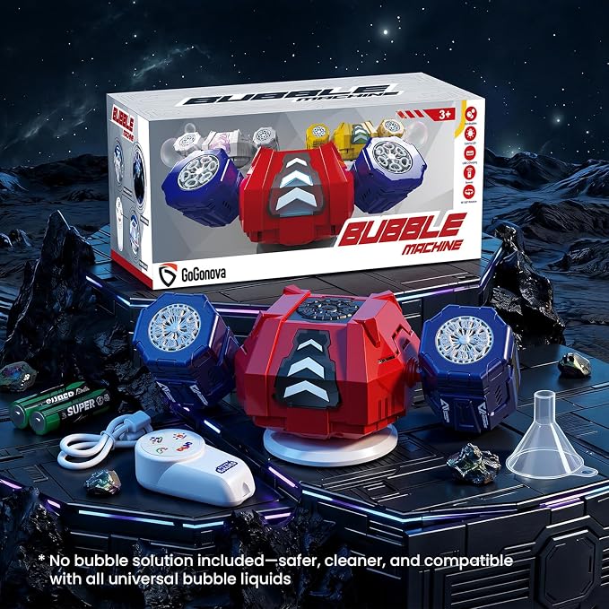 GoGonova Bubble Machine, 30000+ Bubbles/Min Rechargeable Kids Bubble Machine with Remote Control, Big Bubble Blower Maker, 360° Auto Rotation & 2 Speeds, 7-Color RGB Lights, Mecha Leader