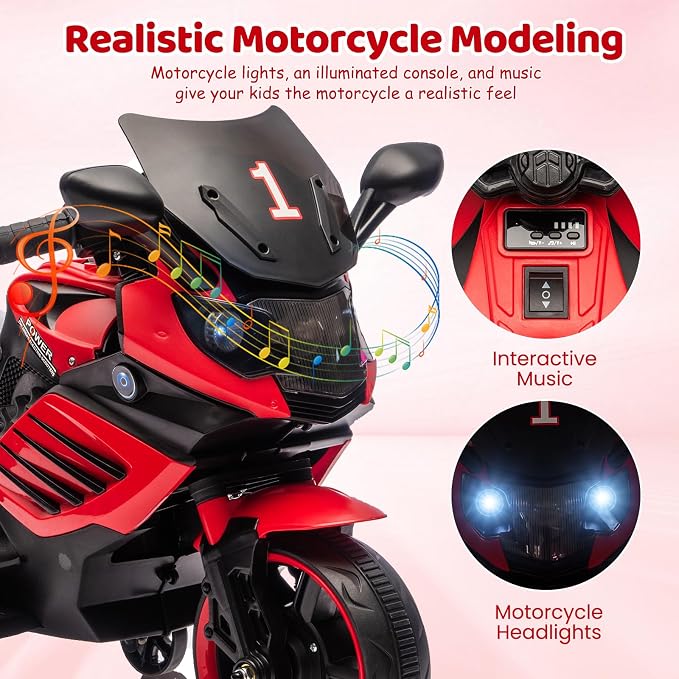 Kids Ride On Motorcycle, 6V Battery Powered Electric Motorcycle, w/Treaded Tires, Horn, Working Headlight, Music, Training Wheels, Stable Ride On Toys for Kids Toddler Boys Girls 3-6, Red