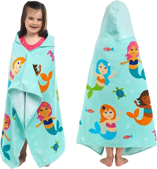 Wildkin Kids Hooded Beach Towel – 100% Cotton, Snap Front for Bath, Pool & Beach - Mermaids