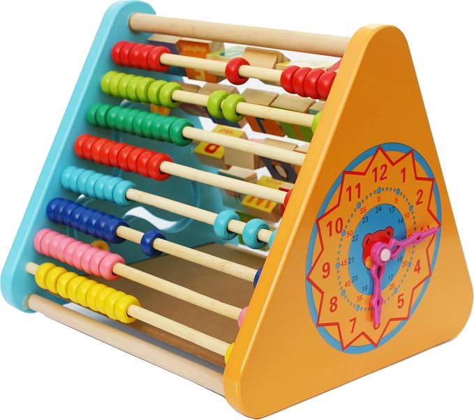 TOWO Wooden Activity Centre Triangle Toys - flip Flop Alphabet Blocks Abacus Clock - Activity Cube for Toddlers 5 in 1- for Babies Montessori Learning-Wooden Toys for 1 Year Old