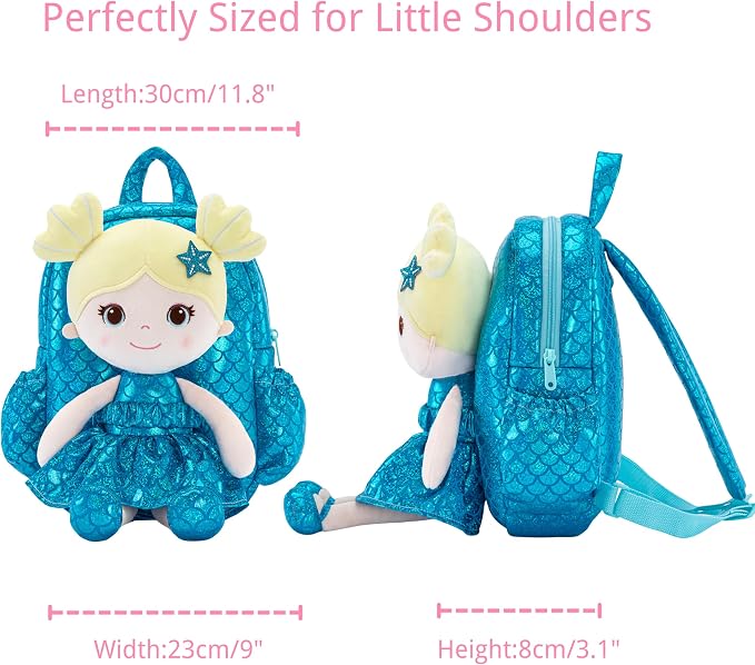 Lazada Toddler Backpack - Baby Girl Gifts Plush Doll Dress Backpack - Fashion Girls Tina Fish Scale Series - Blue 11Inches