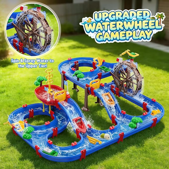 VATOS 2-Tier Watermill Summer Water Table, 124 PCS DIY Water Table with Water Pump Toys for Toddlers 3-5 4-7 Years Old, Fun Water Playset Outdoor Water Summer Toys for Backyard, Beach, Balcony, Garden