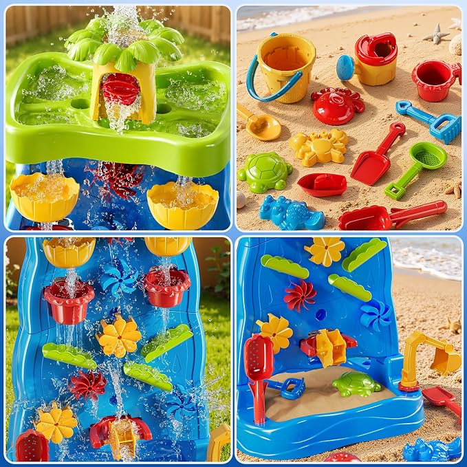 JUKUDAHU Water Table Waterfall Toy for Kids Ages 4-8, Water and Sand Activity Sensory Table, Double-Sided Beach Outdoor Toy, Birthday Gifts Toys for Toddlers Age 18M+ 2 3 4 5 Boys Girls