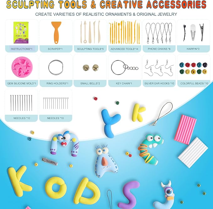 Cyajm 60 Colors Polymer Clay Kit, Individually Wrapped Oven Bake Modeling Clay, Non-Toxic Soft Molding Clay for Kids, DIY Craft Supplies for Jewelry & Classroom