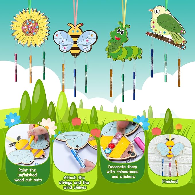12 Pack Wind Chime Kit for Kids Make Your Own Wind Chime DIY Wood Arts and Crafts Decorative Coloring Wooden Hanging Ornaments for Girls Boys Home School Activity Party Supplies(Spring Flower Animal)