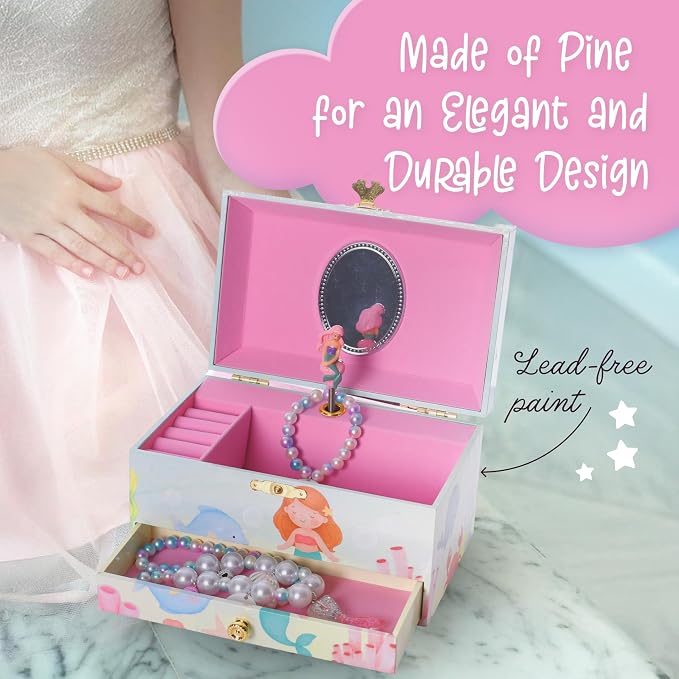 The Memory Building Co Mermaid Musical Jewelry Box Plays Classic Melody, Storage Organizer Music Box for Kids Ages 6-12, MDF Wood w/ 2 Fabric Lined Ring Bracelet Necklace Treasure Compartments