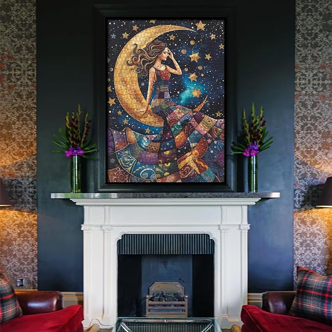 Pretty Women Patch Puzzles for Adults 1000 Pieces, Beautiful Quilt Sewing Art Challenging Jigsaw Puzzles, Colorful Moon Stars Aesthetic Impossible Hard Difficult Puzzle