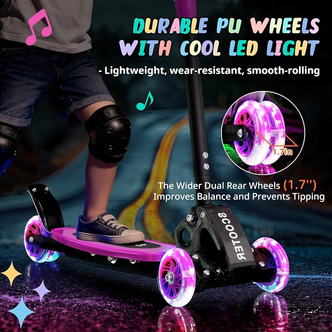 3 Wheel Kids Kick Scooter for Ages 3-12, Lean-to-Steer, Light-Up Wheels, 3-Level Adjustable Handlebar 27.5”-33”, Wide Non-Slip Deck, Dual Rear Brake,Travel Foldable, for Boys & Girls Toy Gifts
