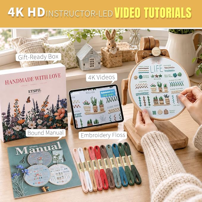 ETSPIL Embroidery Kit for Beginners, Magnetic Needle Minder & 4K Video Tutorials, Pre-Printed Floral Patterns, Bound Guide, Relaxing Screen-Free Craft for Women at Home