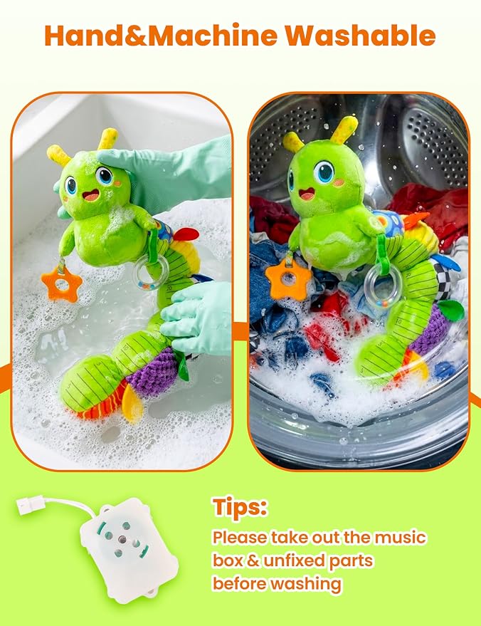 GoGonova Musical Caterpillar Baby Sensory Toy for Infant Development 0-12 Months – Tummy Time Crawler & Teether – Newborn Bath, Car Seat, Stroller & Bassinet Activity Toy & Gift(Green)
