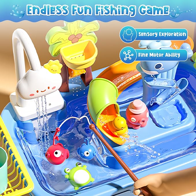 Upgraded Toddler Sand Water Table Toy with Electric Water Pump, Kids Sand Water with Faucet/Play Food Accessories/Fishing Toy, Kitchen Play Sink Toys for Girl Boy Age 3+