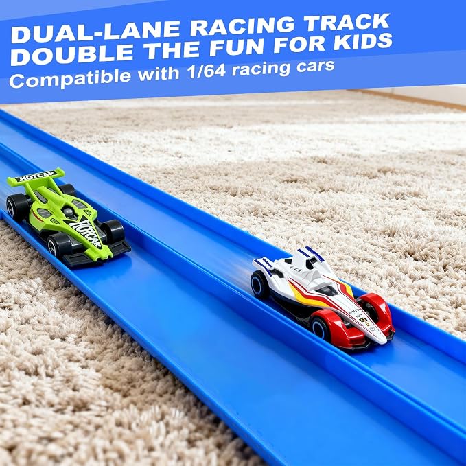 Flexible Race Track for Kids 3-5 Year Old, 15ft Flex Car Tracks for Toddlers with 2 Pull-Back Cars & 2 Alloy Cars, Portable Roll Up Racing Car Tracks, Birthday for Boys Girls