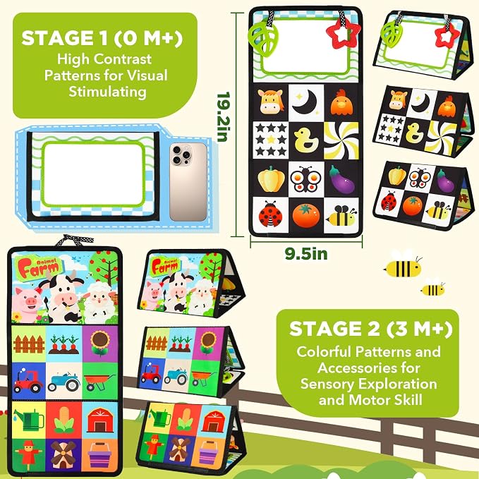 URMYWO Tummy Time Toys - Black and White High Contrast Baby Toy for Newborn - Baby Visual Stimulation Mirror - Montessori Sensory Crinkle Toy for Infant 0-3-6-12 Months - Boy Girl Shower Gifts