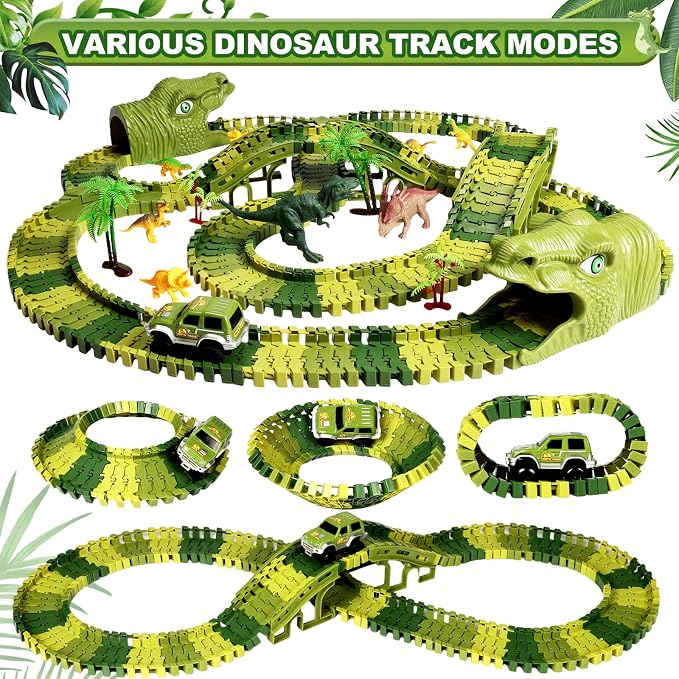 Dinosaur Track Toys, 266 PCS Dinosaur Toys for Kids 3-5 Create A Dinosaur World Road Race Tracks, 2 Dinosaur Cars Flexible Train Track Set, Birthday Gifts 3 4 5 6 7 Year Old Boys Girls