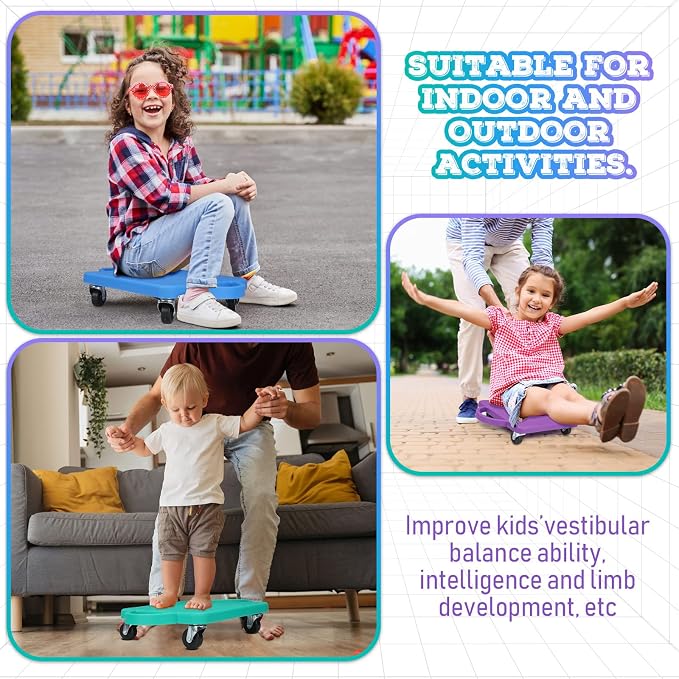 6 Pieces Sports Scooter Board Bulk Sitting Scooter Board with Handles Plastic Casters Sport Flat Scooter for Kids Children Gym Indoor Outdoor Activities Play Equipment(Bright Color)