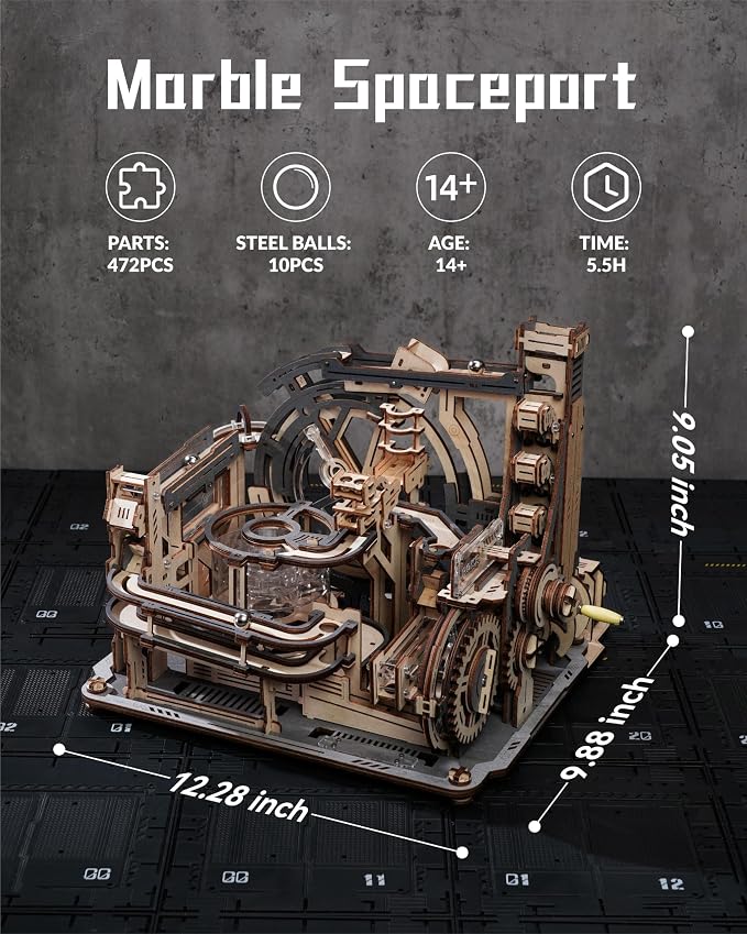 3D Puzzle Marble Run - Electric Spaceport, Wooden Model Building Kit for Teens