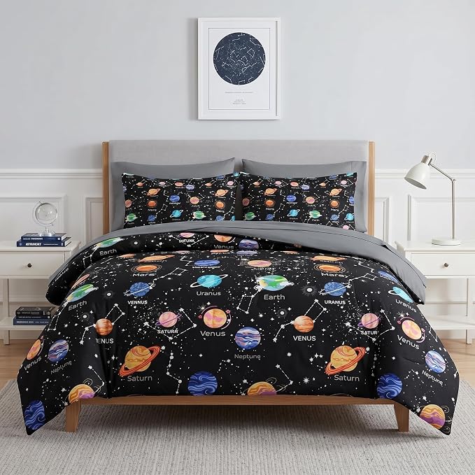 Nesker 7 Pcs Comforter Set Full Size, Cute Space Galaxy Bedding for Kids Teen, Planets Moon Stars with Fitted Sheet 2 Pillowcases & 2 Shams for Bedroom Bed Decor