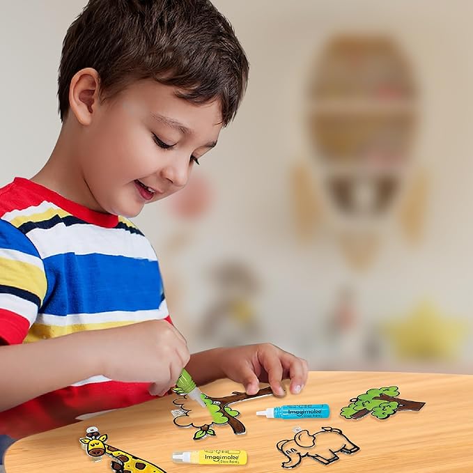 Imagimake Window Art Jungle | Low Mess Suncatcher Kit | 16 Pieces Glass Painting Set | Kids Activities Ages 5-8 | DIY Craft Kit | Birthday Gift for Boys & Girls Ages 5,6,7,8,9,10,12 Years Old